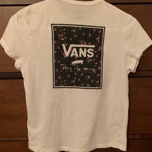 Vans white off the wall cotton shirt with black square flowers and skateboard